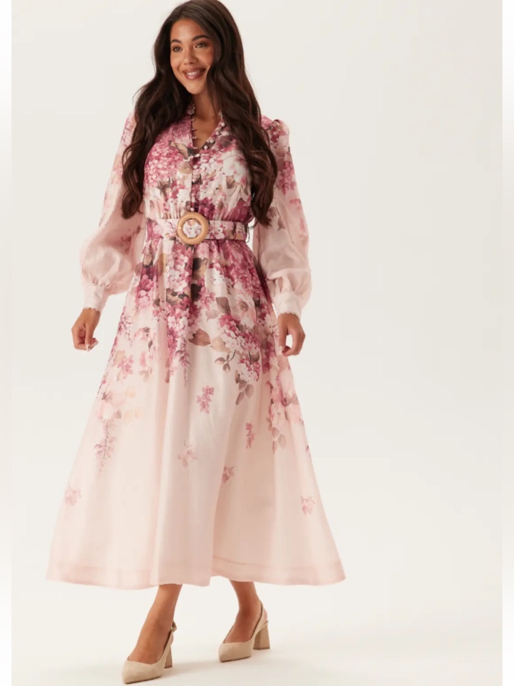 new Ever New Peyton floral long sleeve belted dress in Adela cream pink